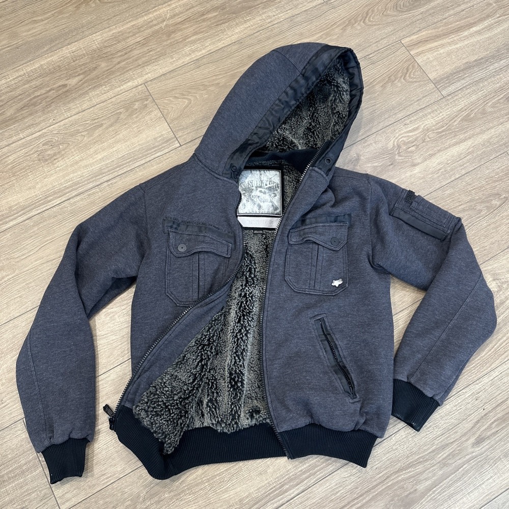 FOX Racing Men's M Sasquatch Zip Hoodie Gray Y2K Skater Faux Fur Lined Epaulet